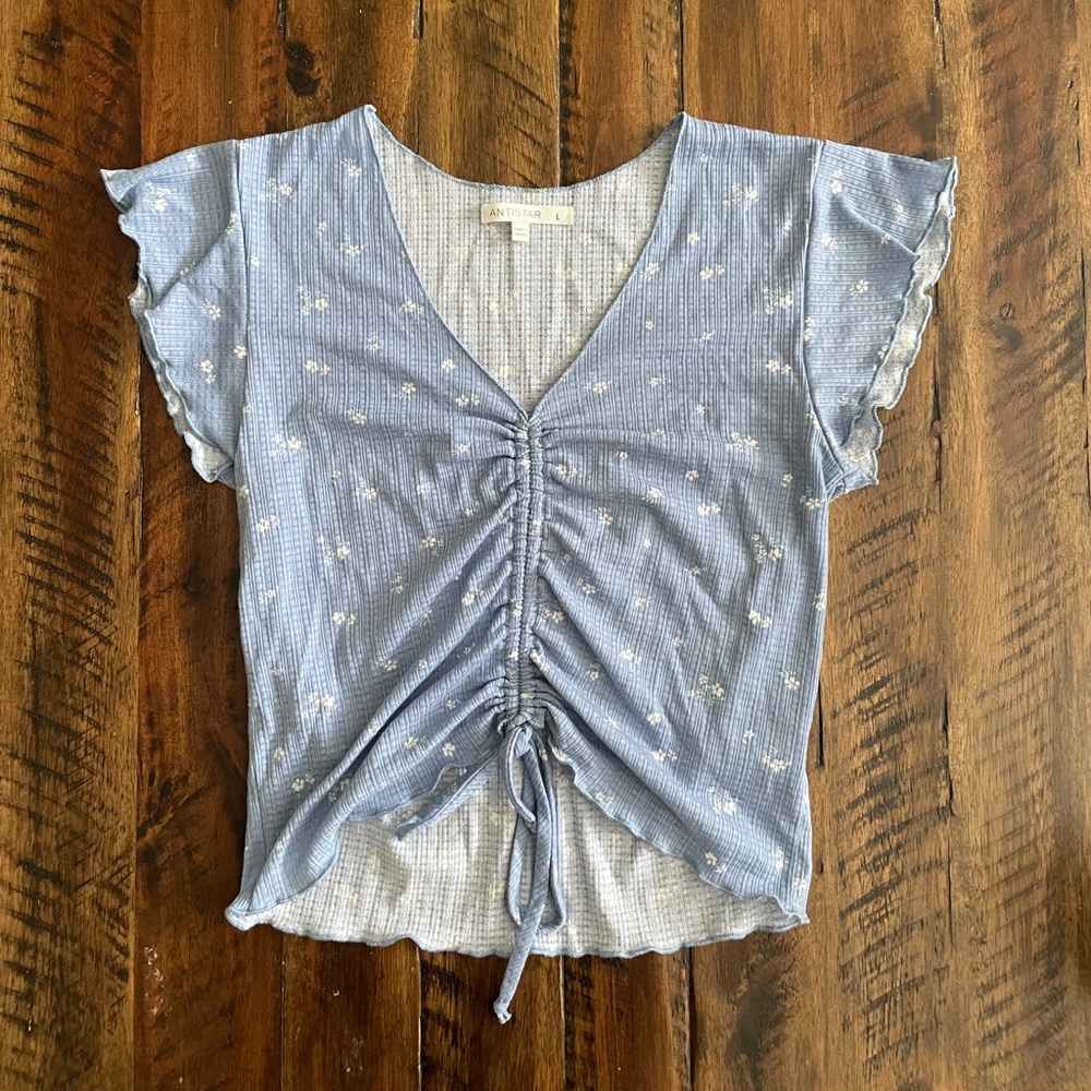 blue ruche floral top